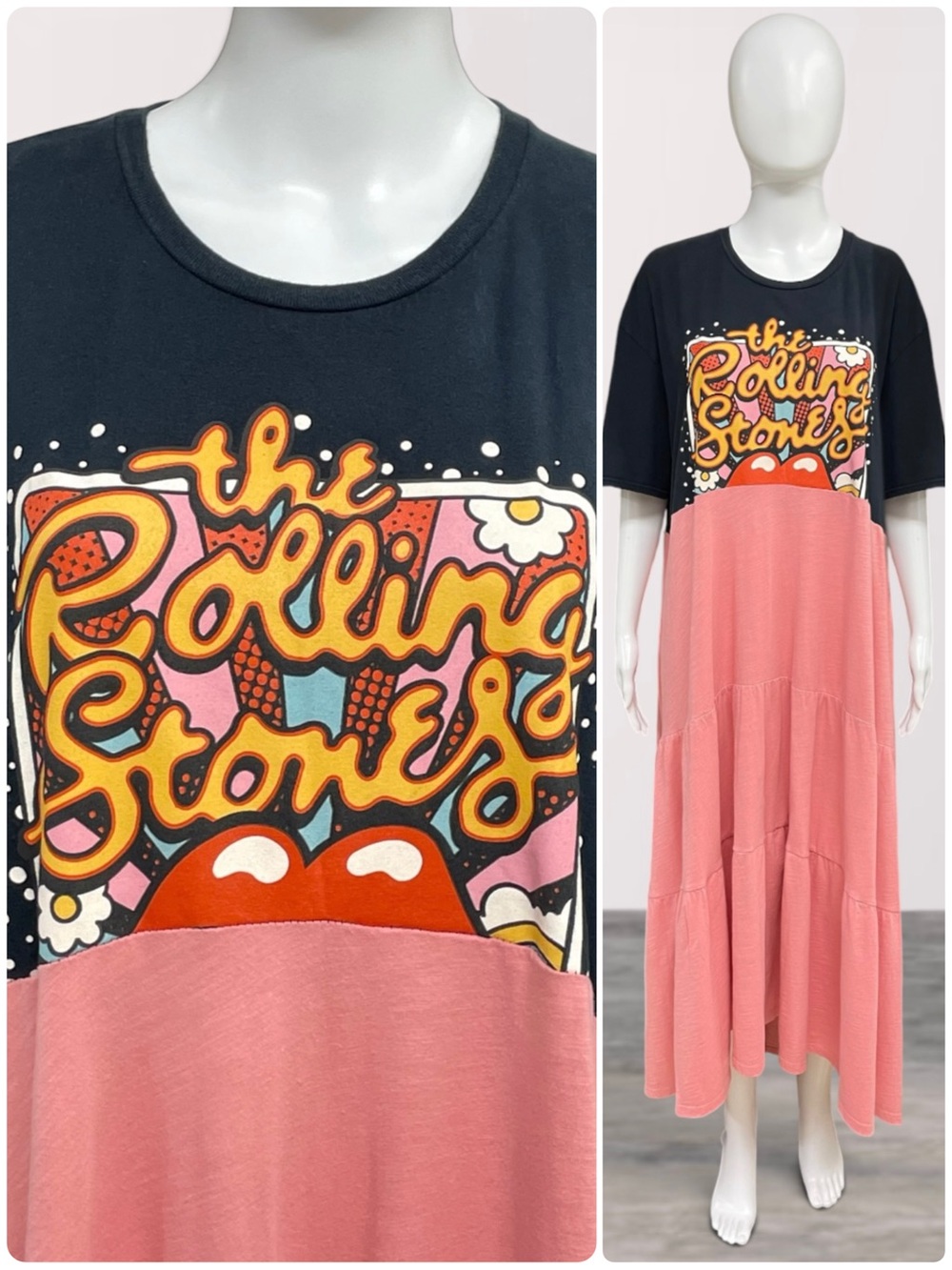 Rolling Stones Upcycled T Shirt Dress Handmade Boho Maxi Pink Ruffle Graphic XXL